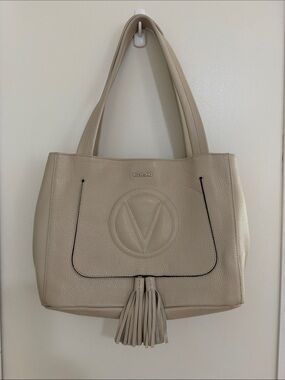 Valentino Cream Pebbled Leather Tote with Embossed V & Tassel Authentic